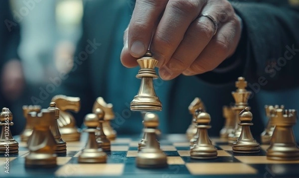 Fototapeta Businessman moving chess piece in a business competition concept. Business people with a board game or background for strategic planning and the success strategy of a company battle symbol