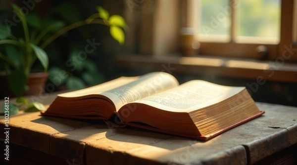 Fototapeta A sunlit tome rests open on a rustic wooden surface, near a leafy plant, bathed in the warm glow of a window's gentle light.