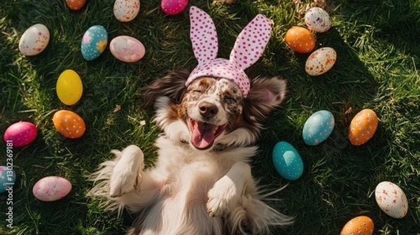 Obraz A serene brown and white dog luxuriates on a sunlit grassy field, front paws playfully aloft, head nestled among the blades—a portrait of canine bliss