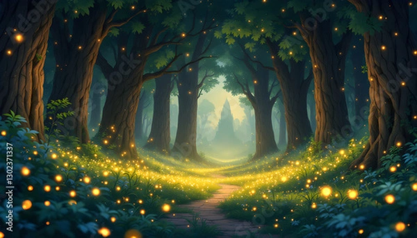 Obraz Enchanted Forest Pathway with Glowing Fireflies and Mystical Light