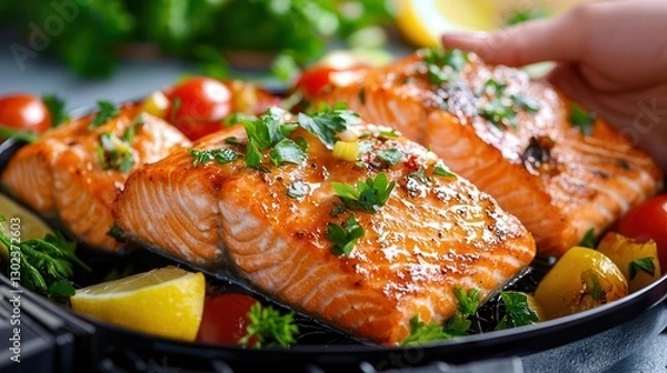 Fototapeta Air fryer clean food cooking easy. Grilled salmon fillets garnished with herbs and lemon slices.