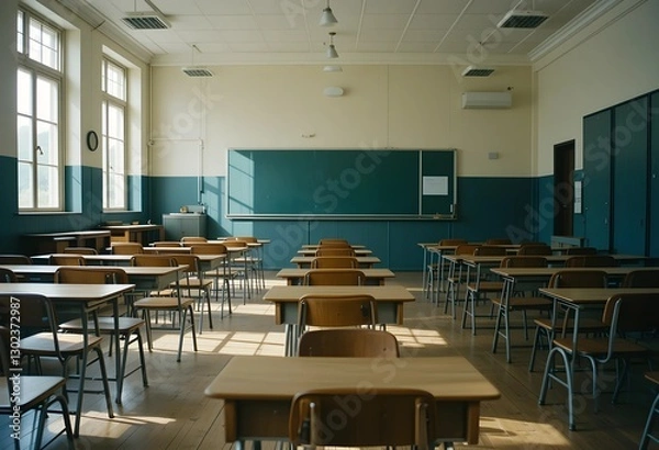 Fototapeta Empty high school classroom with vintage wooden chairs and desks. Classic academic atmosphere, back-to-school concept, and a focus on education and learning.