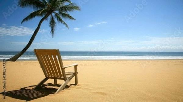 Fototapeta Calm Beach Scene with Empty Chair and Palm Tree by Ocean Shore