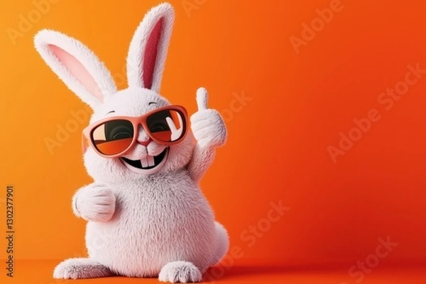 Fototapeta A cheerful white bunny with sunglasses and a thumbs-up, on a vivid orange backdrop for Easter.