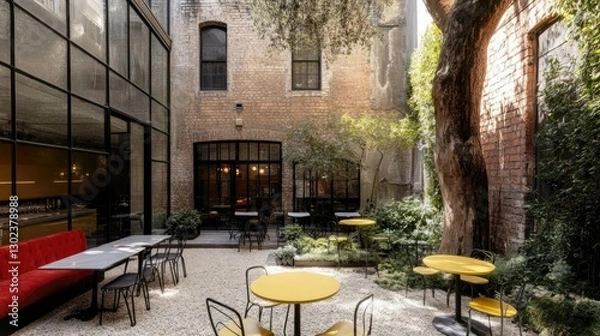 Fototapeta Serene Outdoor Courtyard with Tables and Lush Greenery in Urban Setting
