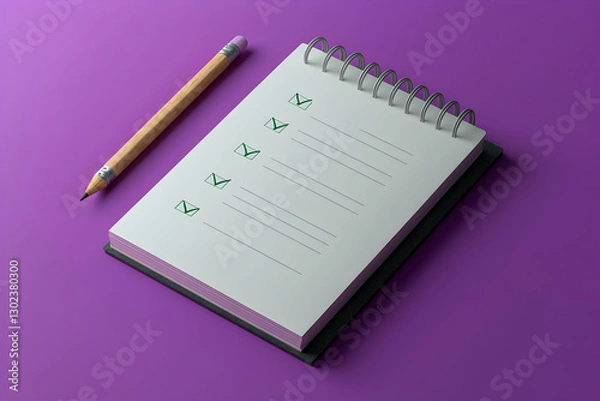 Fototapeta Notepad with completed tasks and a pencil on a purple background