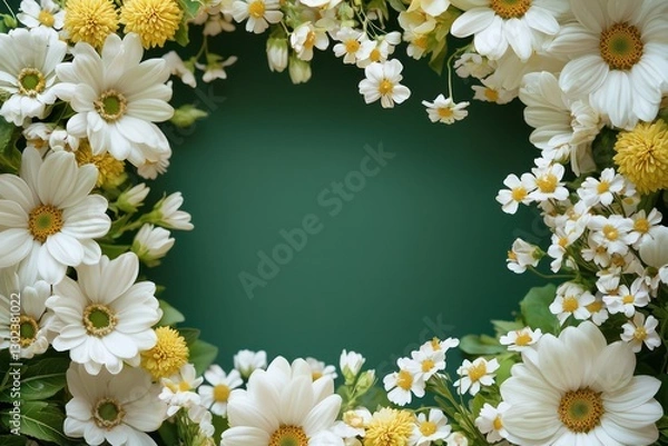 Fototapeta Spring flowers frame a green background, offering space for personalized greeting card text.