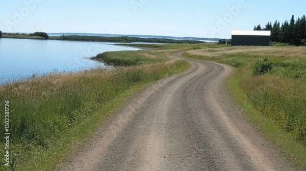 Fototapeta Serene Winding Path Along Tranquil River With Lush Greenery