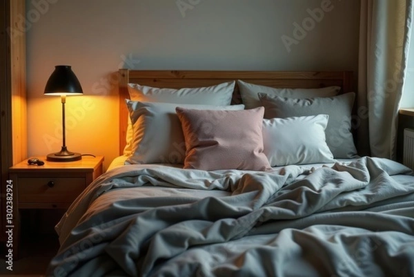 Obraz Serene Bedroom Sanctuary Soft Lighting Illuminates a Cozy Bed with Textured Bedding and a Tranquil Atmosphere