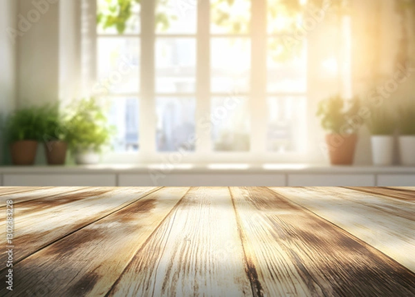 Fototapeta Rustic Wooden Tabletop with a Bright Kitchen Window Backdrop, Ideal for Product Mockups and Interior Design Visualizations Showcasing Natural Light
