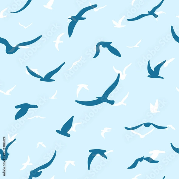 Obraz Flock of flying silhouette birds. Birds seamless pattern. White seagulls on a blue background. Vector i