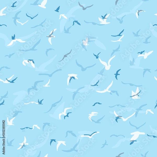 Obraz Flock of flying silhouette birds. Birds seamless pattern. White seagulls on a blue background. Vector i