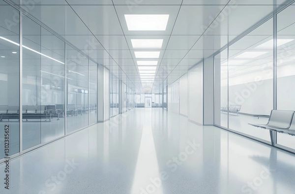 Fototapeta Sleek and Modern Interior Architecture, A Pristine Hospital Corridor Design with Glass Walls and Polished Floors, Reflecting Cleanliness and Cutting-Edge Technology