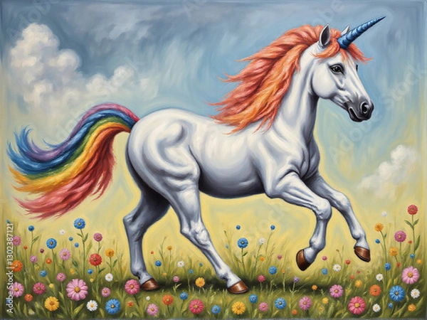 Fototapeta A vibrant and whimsical depiction of a unicorn trotting through a field of colorful flowers under a bright blue sky.