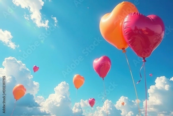 Fototapeta Heart-shaped balloons ascend against a vibrant blue sky, drifting amidst fluffy white clouds, a joyful and uplifting scene.
