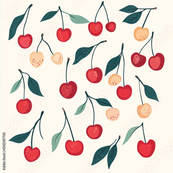Fototapeta A flat 2D vector of a set of cherries with stems and leaves.