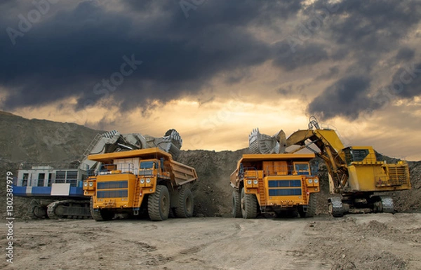 Fototapeta Industrial excavators loading ore into big yellow trucks of quarry. Open pit mining industry. No AI tools