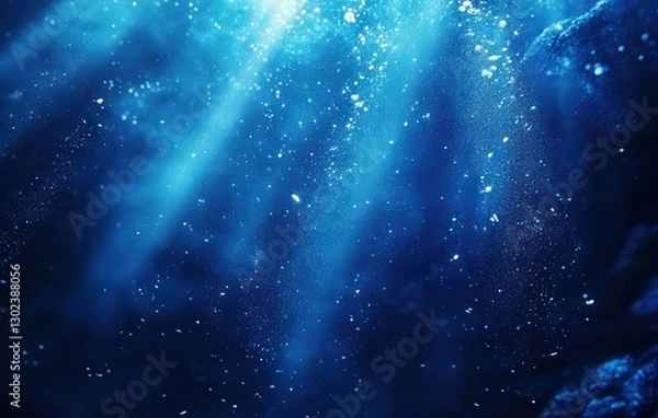 Obraz Deep Blue Ocean with Sunlight Rays Illuminating the Underwater Scene Filled with Bubbles and Particles in a Calm and Tranquil Marine Environment