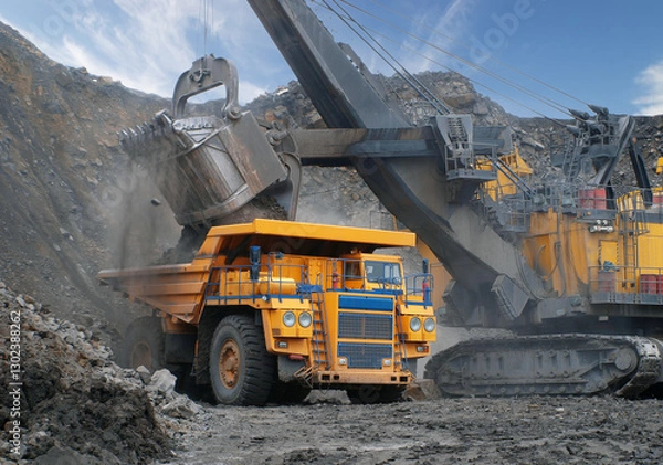 Fototapeta Industrial excavator loading ore into big yellow truck of quarry. Open-pit mining of coal, ore, granite. No AI tools