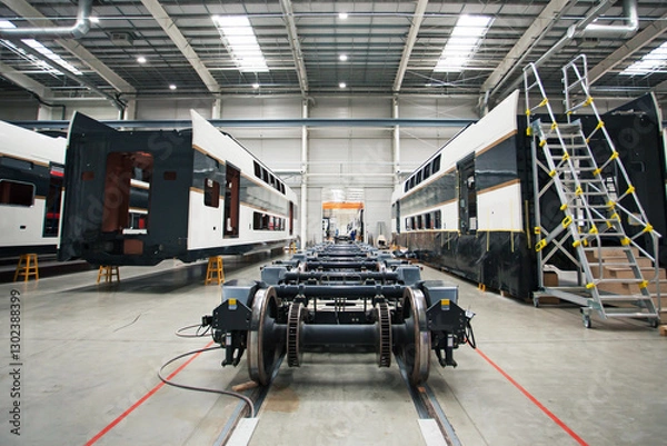 Fototapeta Carts wheel sets near wagons in the assembly shop. No AI tools