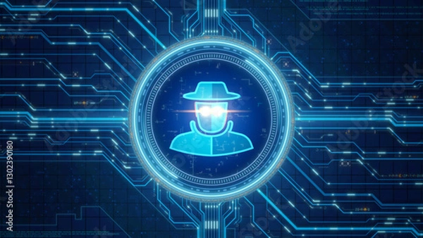 Fototapeta Illustration of a digital hacker with circuit patterns in the background, symbolizing cybersecurity and technology.