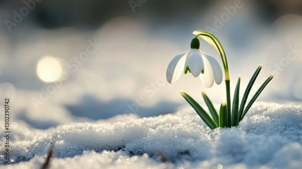 Fototapeta A delicate snowdrop, its pale face peeking out from beneath a pristine blanket of snow, heralded the arrival of spring is awakening, a testament to nature is resilience and beauty.