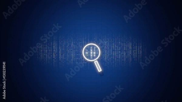 Fototapeta High-Tech Digital Security Concept with Magnifying Glass Scanning for Viruses on Glowing Blue Data Stream Background