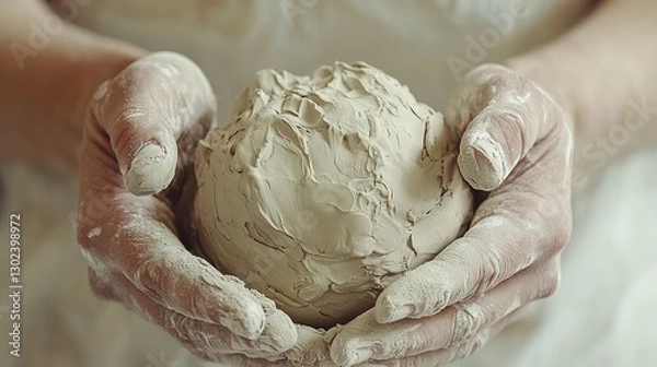 Fototapeta  Hands pressing and kneading a ball of clay. A close-up of hands gently shaping a soft, pastel-colored clay ball.