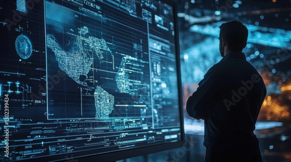 Fototapeta Global data analysis and network monitoring viewed by a professional information technology expert overseeing digital security and complex data visualization systems