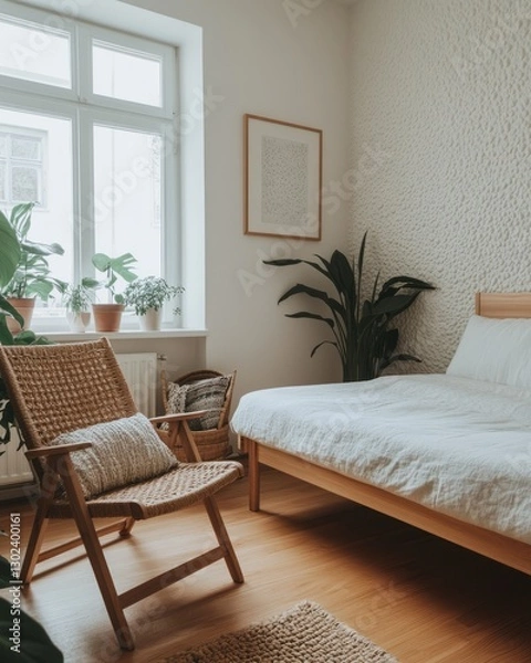 Fototapeta Cozy bedroom interior with wicker chair and plants