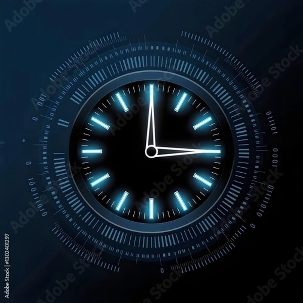 Fototapeta Sleek clock icon with glowing neon hour markers and binary code on dark blue gradient – Suitable for tech innovation, AI, and digital transformation content.