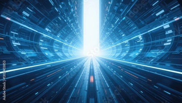 Fototapeta Futuristic Digital Tunnel With Radiant Light At The End Creating An Abstract Technology Scene