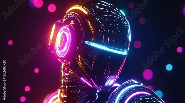Fototapeta A neon robot with energy circuits pulsing in rainbow colors