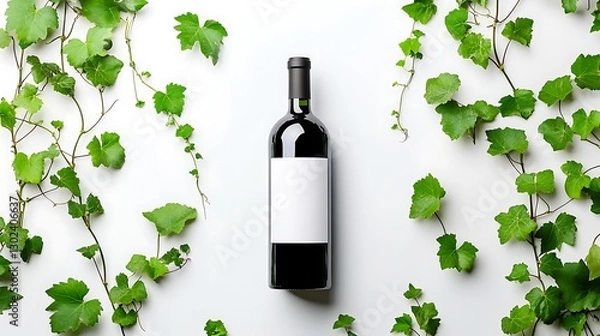 Fototapeta Red wine bottle with blank label surrounded by grapevine leaves on white background.
