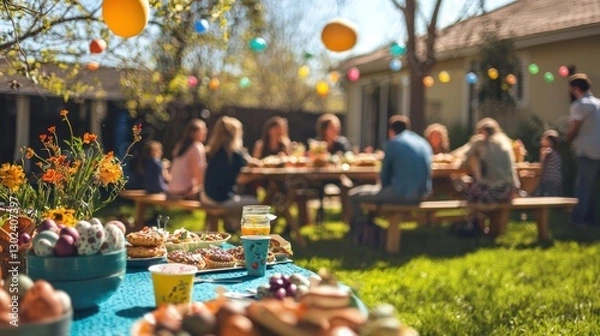 Fototapeta Kids and adults enjoying an Easter party with games, egg hunts, and festive treats