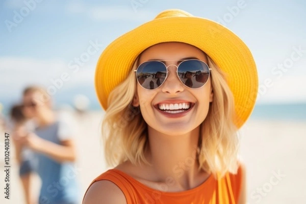 Obraz A woman wearing a yellow hat and sunglasses is smiling at the camera