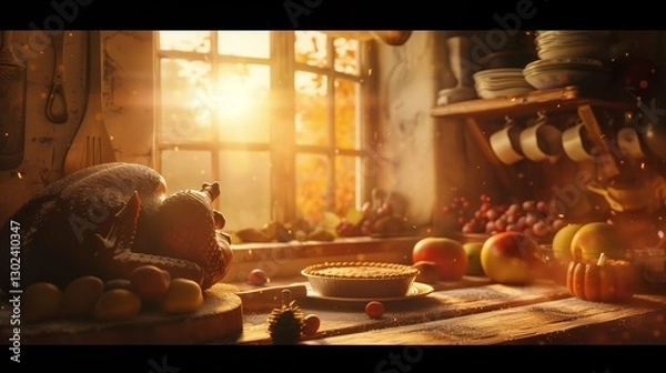 Obraz A serene Thanksgiving morning, with a golden sunrise illuminating a rustic farmhouse, where pies cool on the windowsill. A turkey roasts in the oven, filling the air with warmth.