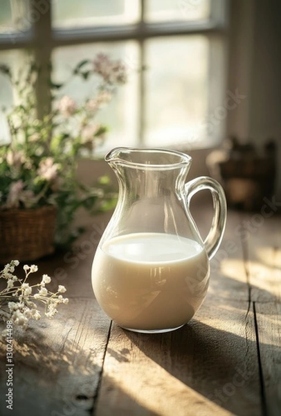 Fototapeta Fresh Milk in a Glass Pitcher on a Rustic Wooden Table with Natural Light and Delicate Flowers in the Background