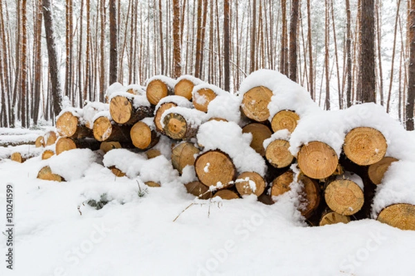 Fototapeta wooden logs in winter forest