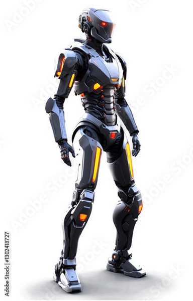 Fototapeta Shiny Robot standing, Silver Gray Body with Orange Lights, isolated png transparent