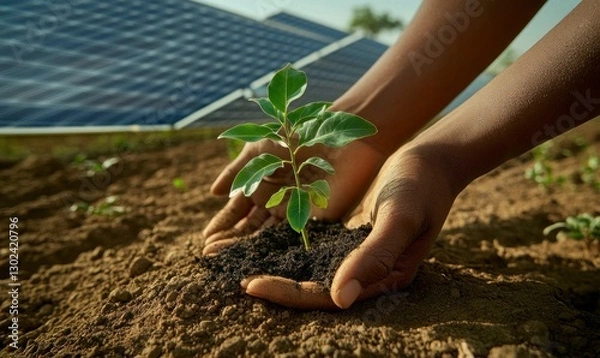 Fototapeta Close-up of hands holding soil with a young plant, with a solar panel in the background