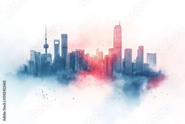 Fototapeta An artistic interpretation of a metropolitan area, this watercolor painting presents a dynamic urban skyline with a vibrant and creative aerial view