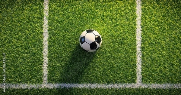 Fototapeta Soccer ball on grassy field, top view. Possible use Sports background