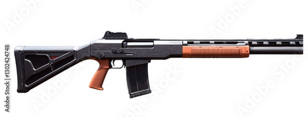 Fototapeta Rifle firearm with gray silver and orange parts. Isolated png with transparent background. Black magazine and body. Stock for shoulder firing.