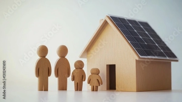 Fototapeta Wooden family figures stand in front of a model house with solar panels on the roof, this concept represents eco-friendly real estate, energy saving and sustainable living