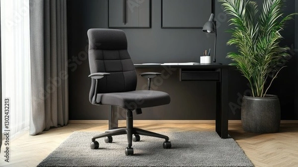 Obraz A dark gray ergonomic office chair placed on a soft rug with an empty desk beside it.
