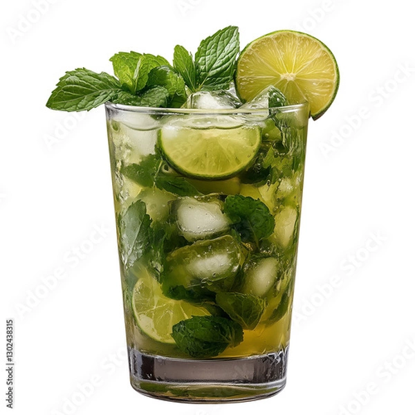 Fototapeta Refreshing mojito cocktail filled with fresh lime slices, mint leaves, and ice cubes. Perfect for summer days, parties, or any occasion that calls for a touch of cool and citrusy beverage pleasure.