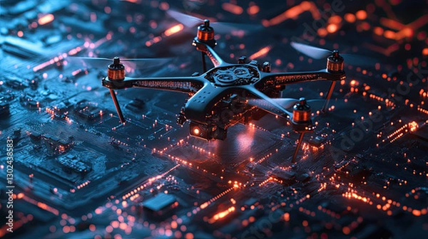 Fototapeta Black Drone Hovering Over Circuit Board in Futuristic Environment