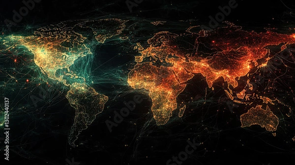 Fototapeta Global Network Connectivity Visualization with Bright Data Points
