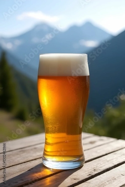 Fototapeta A glass of cold beer on wood table with blurred mountain background. Beer mug. Refreshment and party concept. Alcohol beverage menu